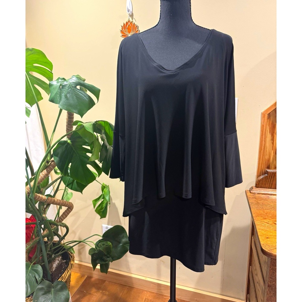 Joseph Ribkoff Black Solid Layered V-Neck 3/4 Sleeve Tunic Blouse 12